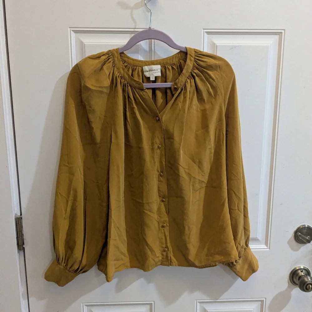 Sezane Silk Mustard Button-Front Blouse - Picture 1 of 3